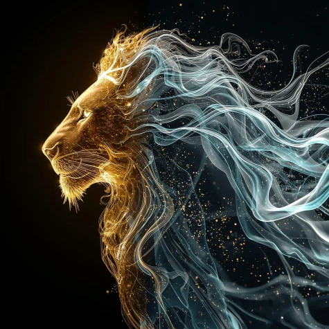 Altın ve buz tonlarında aslan profili